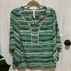 NY Collection Green Striped Blouse with Beaded Neckline